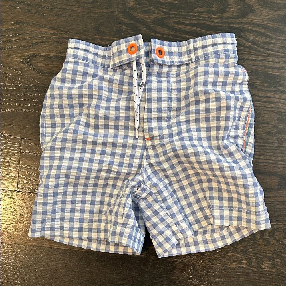 Mini Boden Blue Gingham Boys Swim Trunks Adjustable 6-7 Orange Details